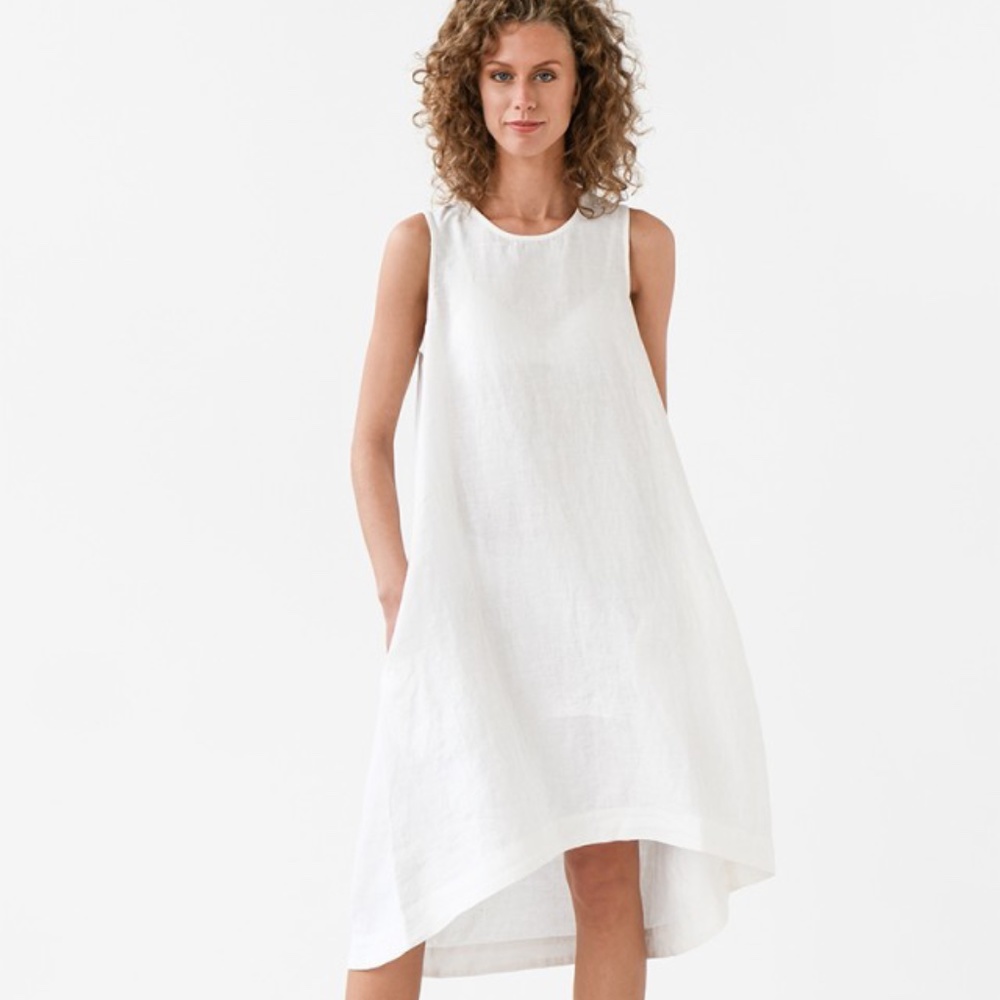 Magic Linen Asymmetric Linen Dress, Size S, White